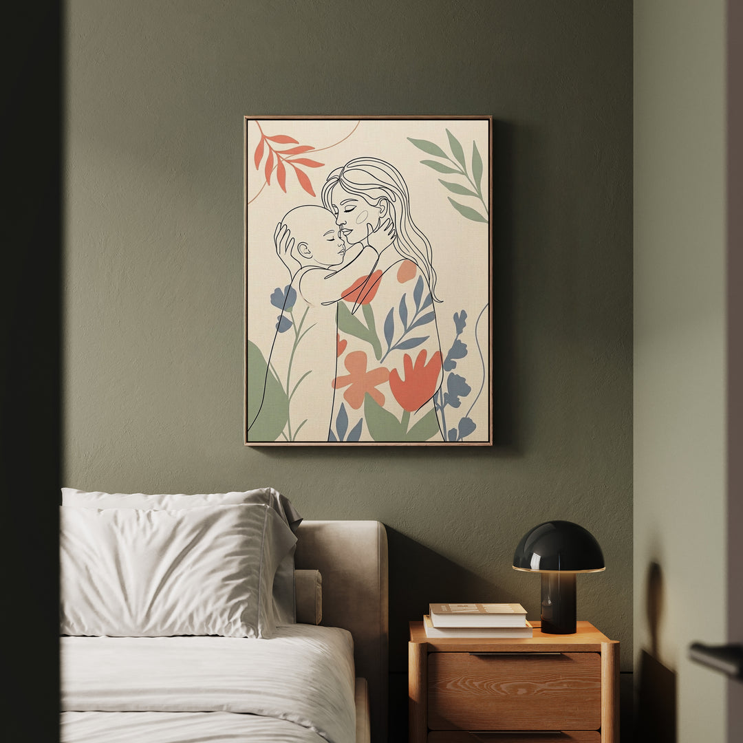 "Mother's Embrace" - Mother & Child Vertical Framed Canvas - Family Wall Art
