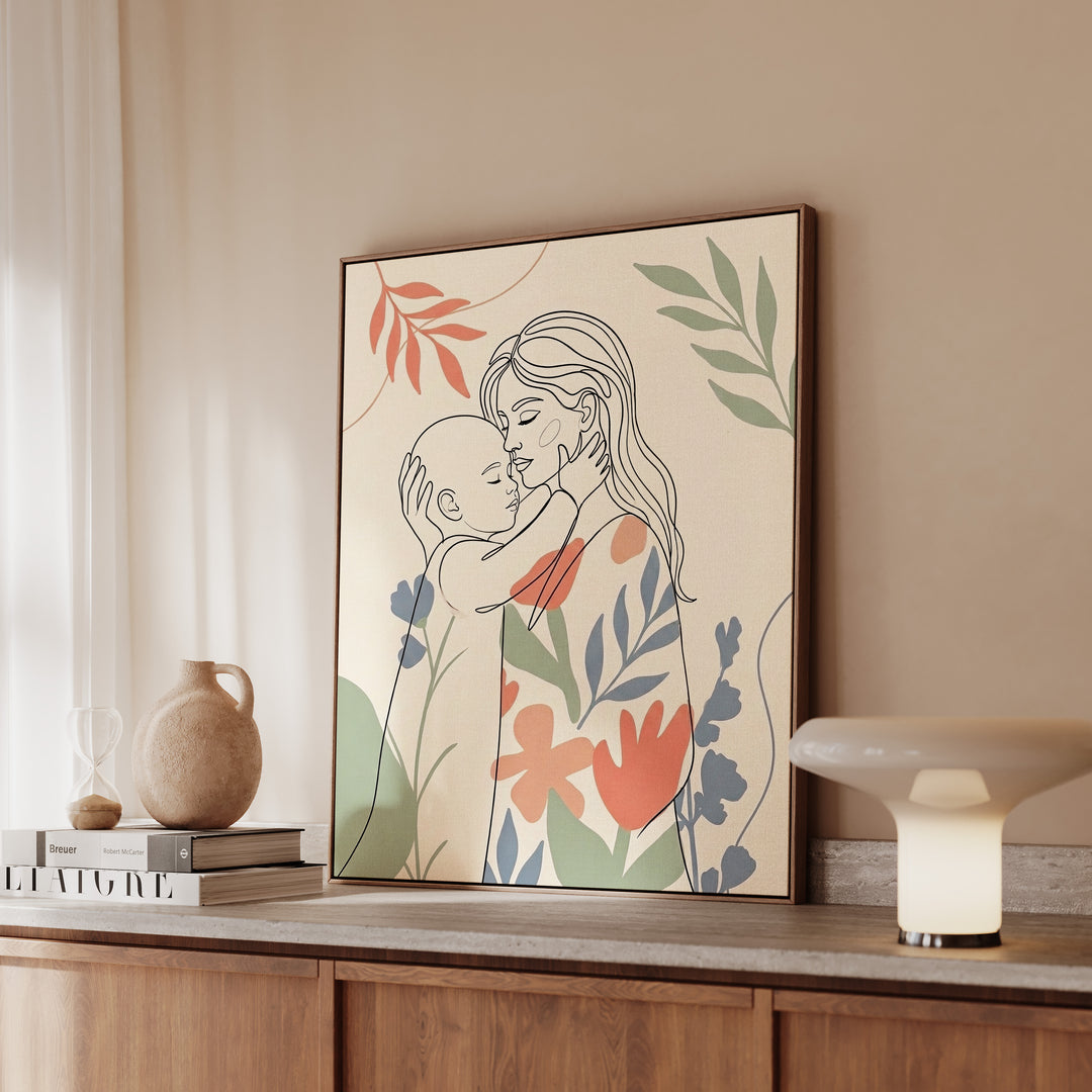 "Mother's Embrace" - Mother & Child Vertical Framed Canvas - Family Wall Art