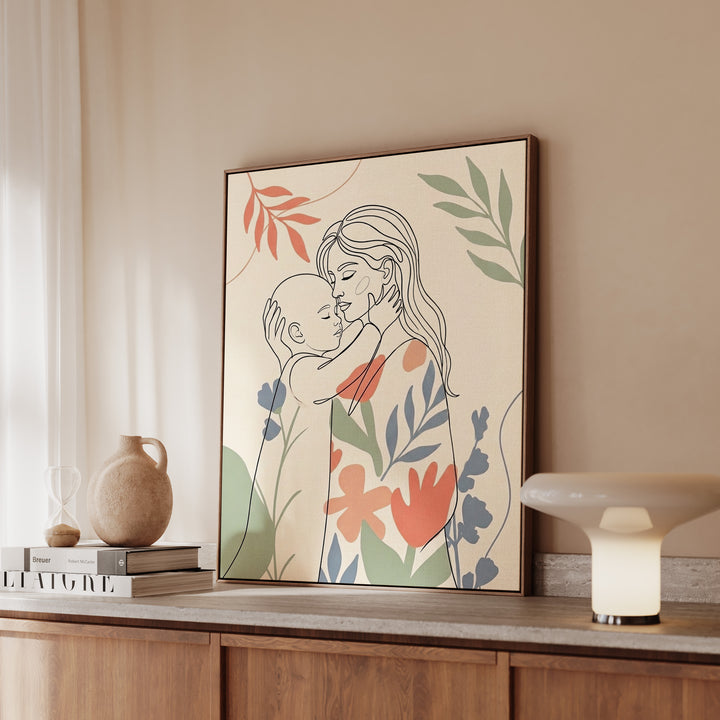 "Mother's Embrace" - Mother & Child Vertical Framed Canvas - Family Wall Art