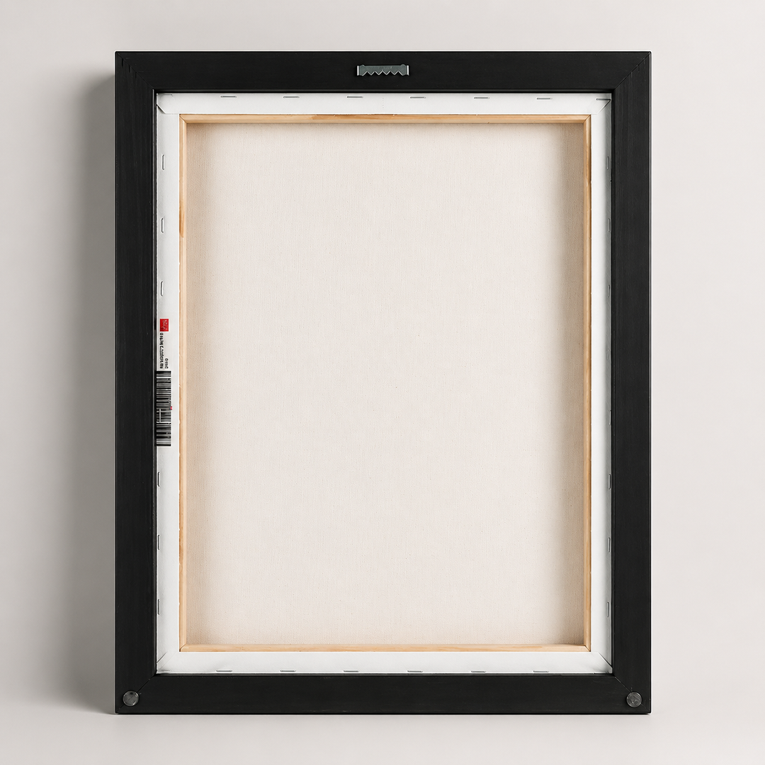 A black-framed canvas with a blank white canvas inside, set against a plain white wall.